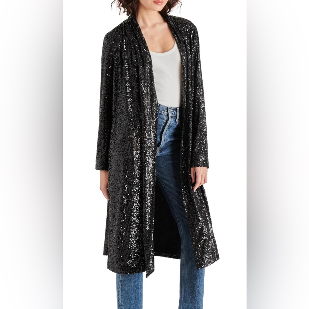 Steve Madden Black Sequin Long Coat duster L
